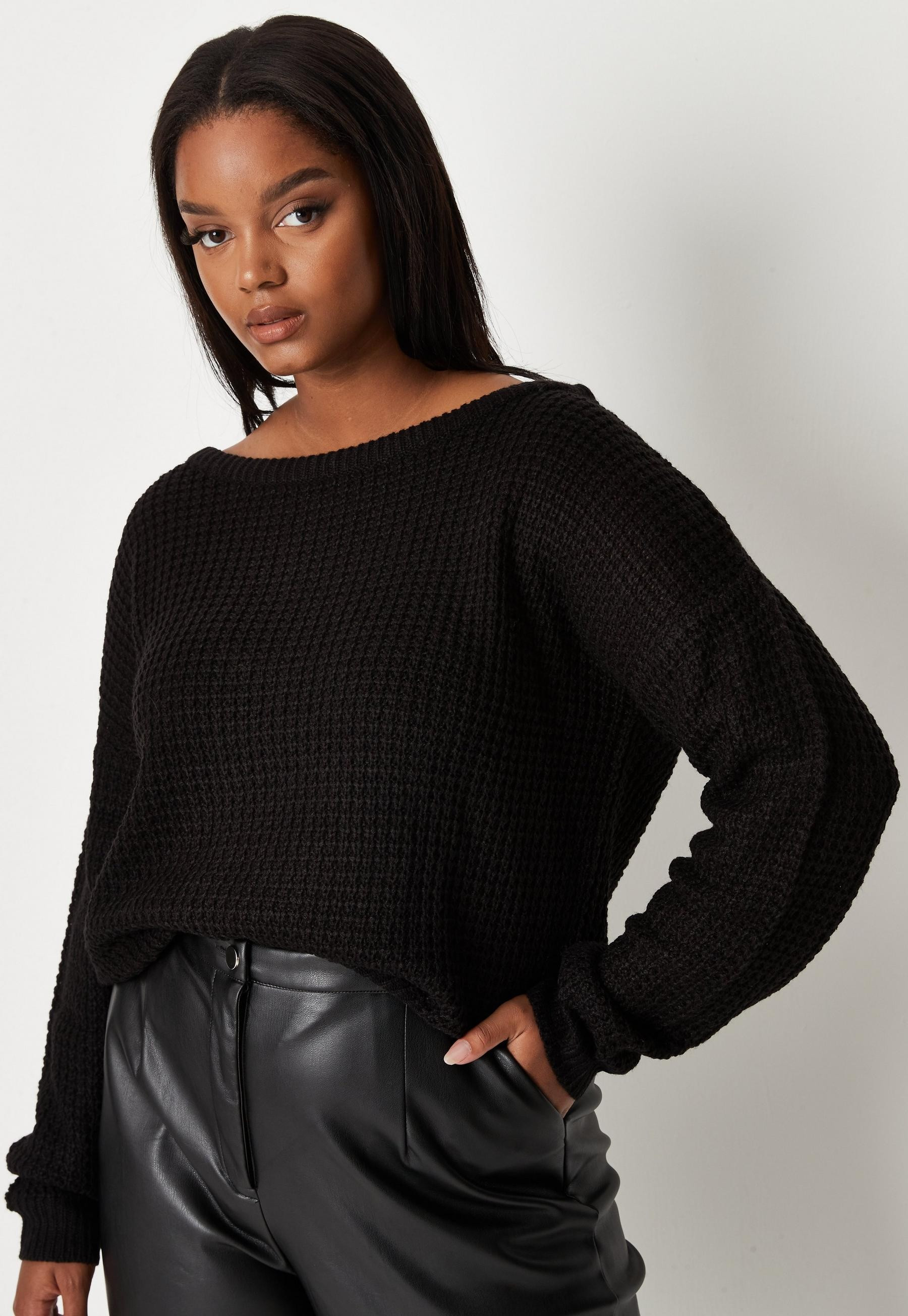 Missguided - Plus Size Black Waffle Knit Off The Shoulder Sweater | Missguided (US & CA)