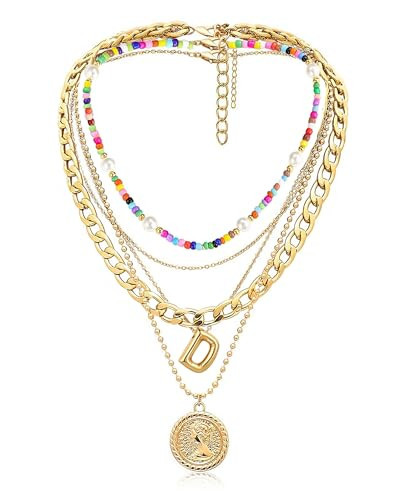 MJartoria Gold Layered Necklaces for Women Trendy Balloon Initial Pendant Necklace Dainty Chunky Chain Beaded Choker Necklaces Jewelry Birthday Gifts (D, Gold) | Amazon (US)