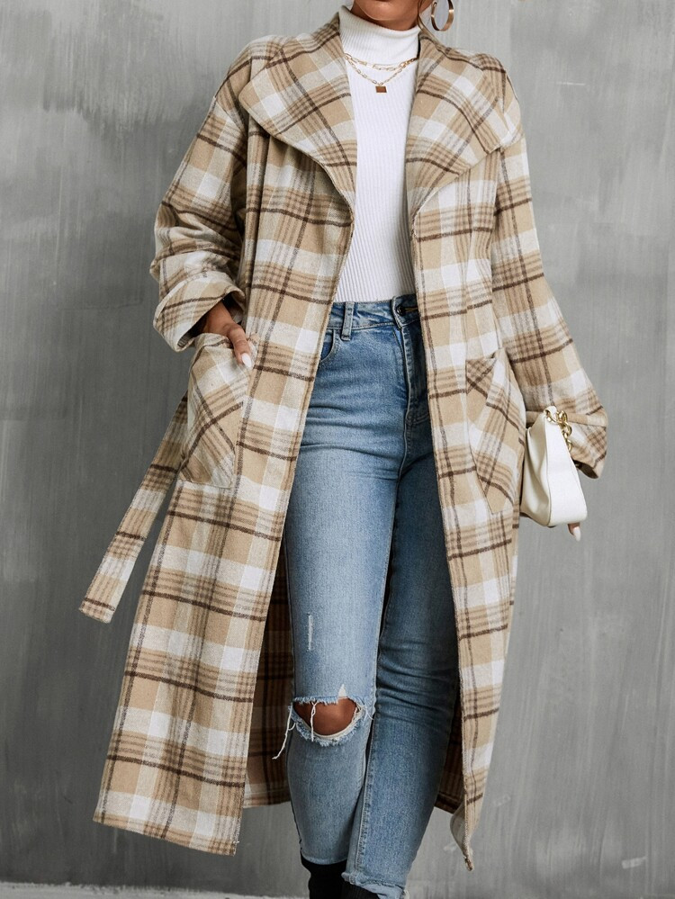 Plaid Dual Pocket Waterfall Collar Drop Shoulder Belted Tweed Overcoat | SHEIN