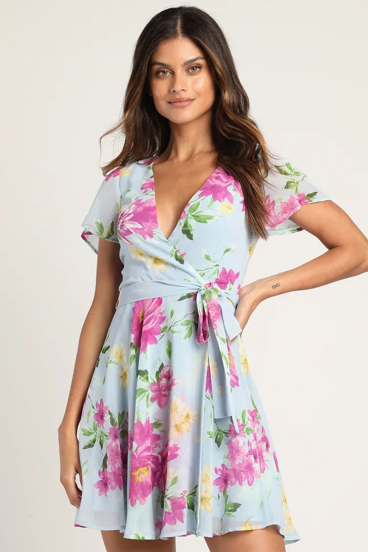 In the Gardens Light Blue Floral Print Surplice Mini Dress | Lulus (US)