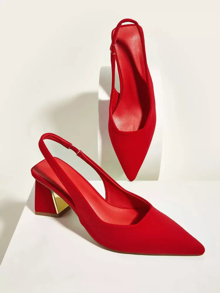 Women Neon Red Point Toe Pumps, Chunky Heeled Slingback Pumps | SHEIN