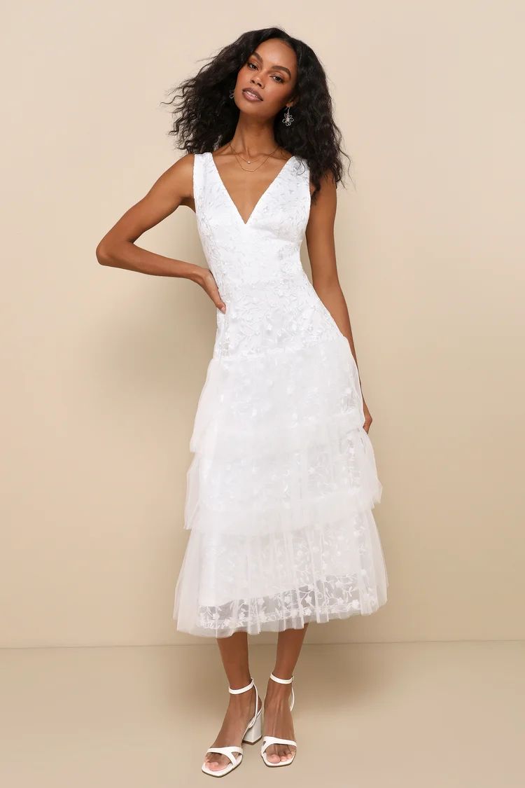 Confidently Gorgeous Ivory Tulle Embroidered Backless Midi Dress | Lulus