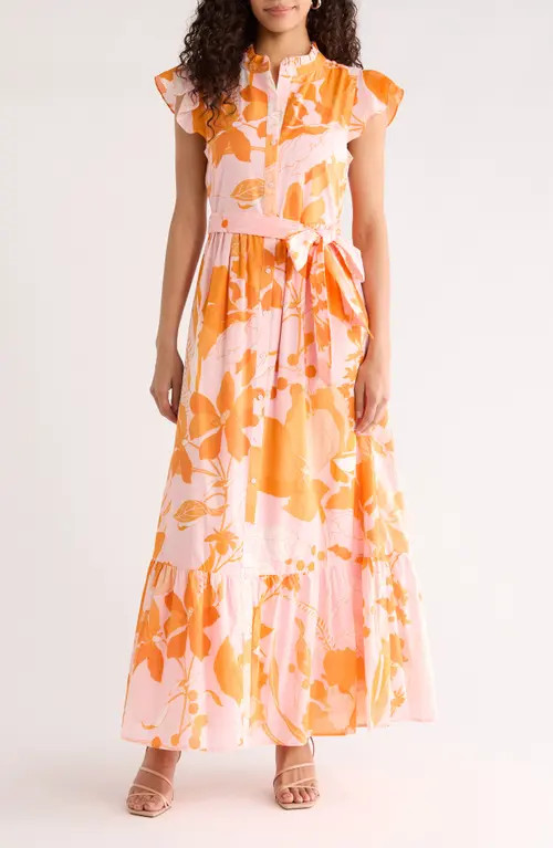 SUGARLIPS Lenira Floral Print A-Line Dress in Pink-Orange at Nordstrom, Size Large | Nordstrom