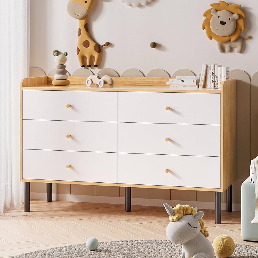 LYNSOM Dresser for Bedroom, 6 Drawer Natural Wood Dresser with Wide Drawer and Metal Handles, Mod... | Amazon (US)