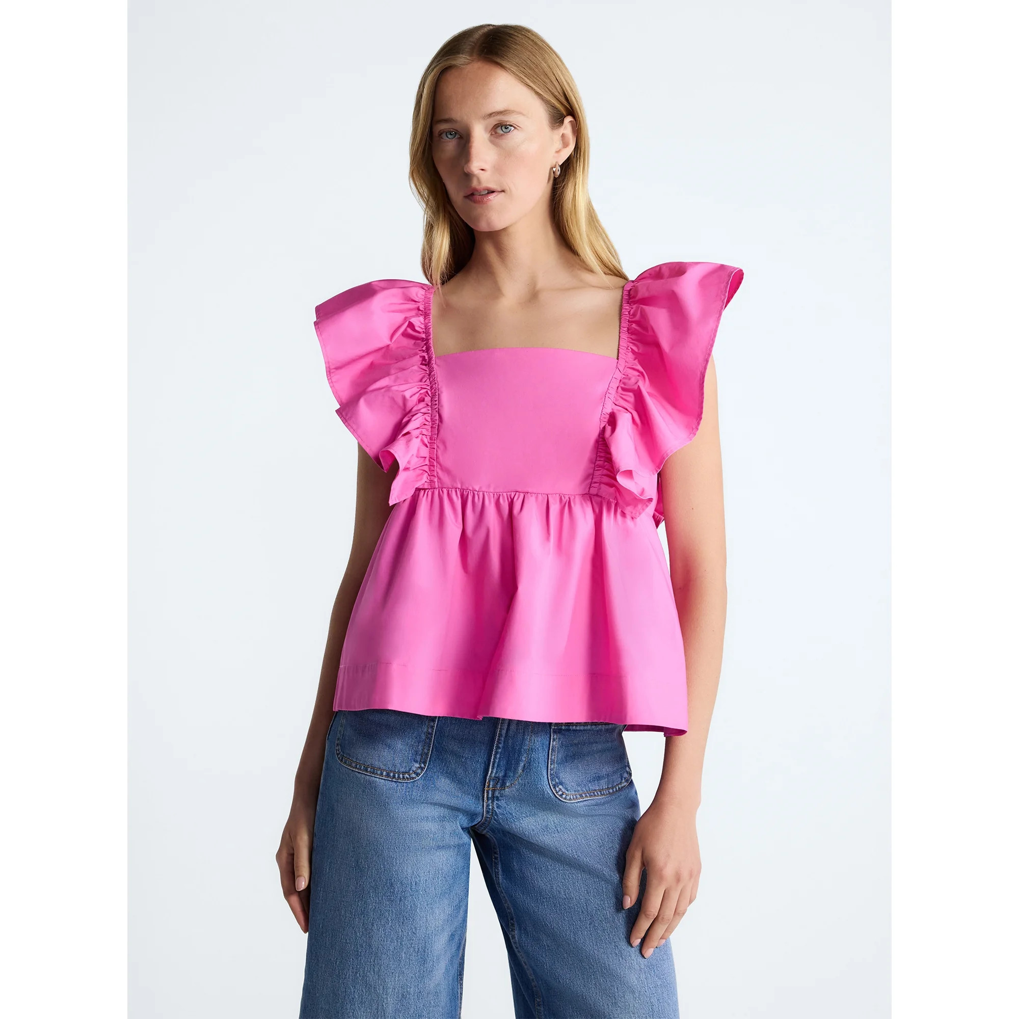 Free Assembly Women's Square Neck Cotton Top with Flutter Sleeves, Sizes XS-XXL | Walmart (US)