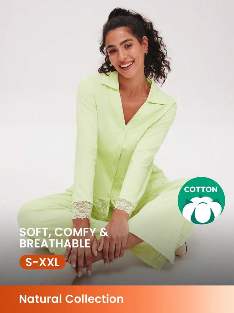 LUVLETTE Soft 100% Pure Cotton Lace Trim Button-Up Top & Pants Loungewear Pajama Set Pants With Pockets Fall Pajamas Clothes,Spring And Summer | SHEIN