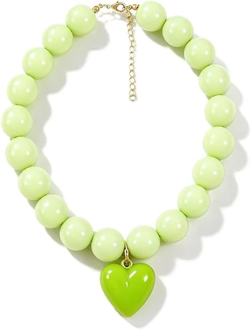 Women's Colorful Chunky Resin Round Beaded Heart Charm Choker Necklaces Adjustable Exaggerated St... | Amazon (US)
