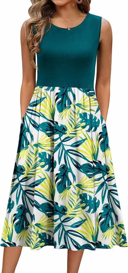 Zeagoo Women's Summer Tank Midi Dress with Pockets Floral Sleeveless A-Line Casual Loose T-Shirt ... | Amazon (US)