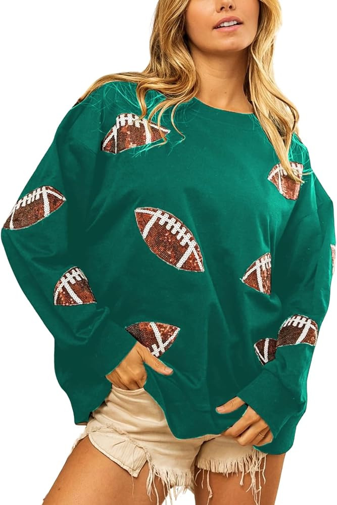 Womens Sparkle Football Sequin Rugby Sweatshirt Game Day Y2K Crewneck Oversized Shirt Long Sleeve... | Amazon (US)