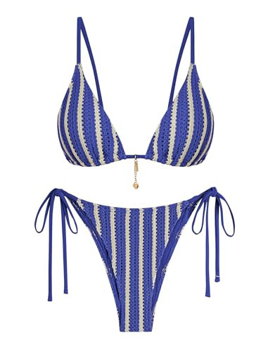 ZAFUL Blue High Waisted Crochet Tie Bikini Sets for Women Cheeky Two Piece Bathing Suits Striped Brazilian High Cut Knit Swimsuit for Vacation Resort Wear 2026 M | Amazon (US)