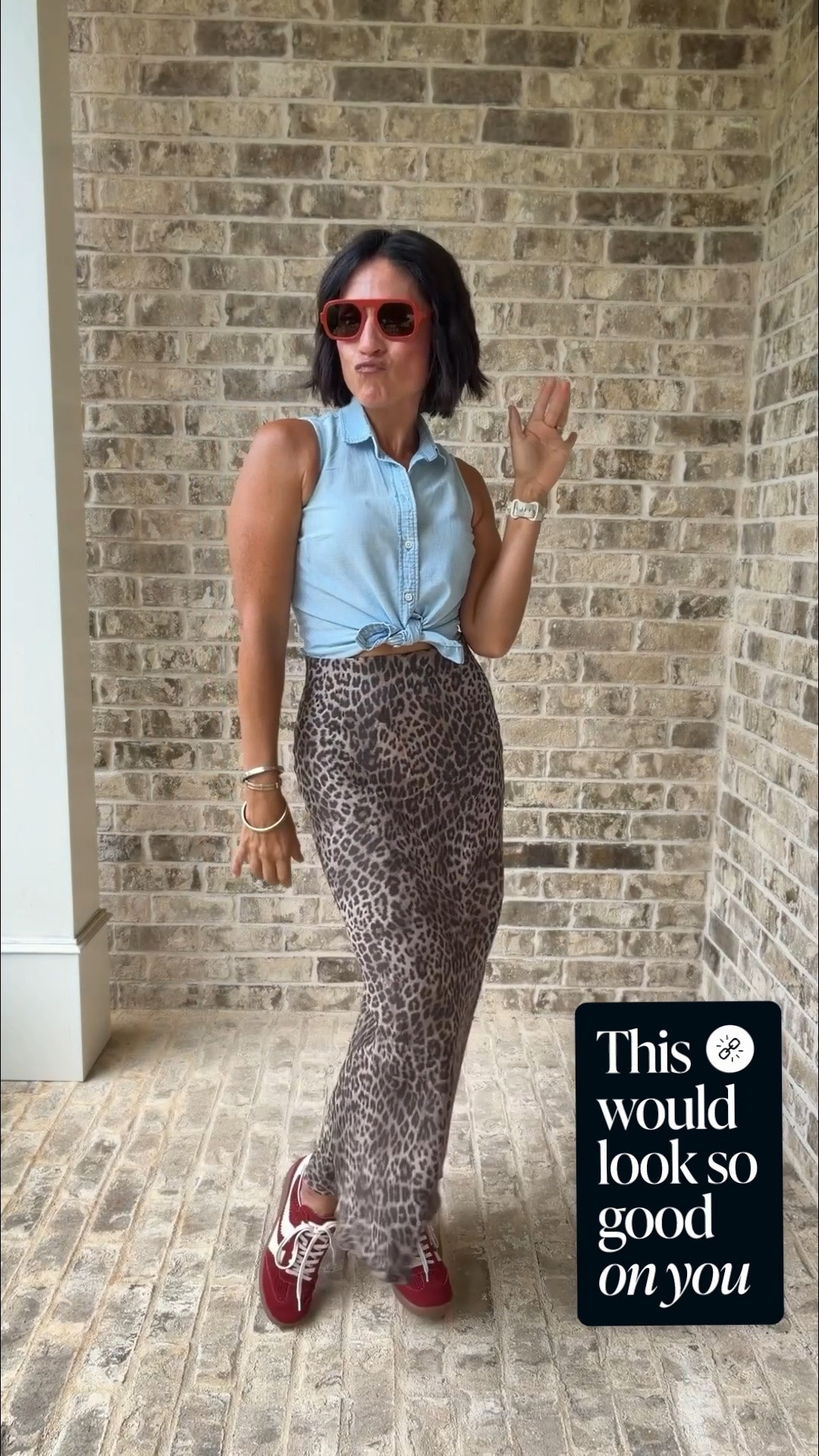 Leopard is my favorite neutral. ❤️🐆

This outfit mixes timeless staples with bold accessories for an effortlessly elevated everyday look. I’m wearing a sleeveless chambray button-down top with a flattering knotted waist, a flowy leopard print maxi skirt, my new red sneakers, and matching red sunglasses for the perfect pop of color.

If you’re looking for chic casual outfit ideas, leopard print styling inspiration, comfortable sneaker outfits, or ways to wear red accessories, this look checks all the boxes. It’s comfortable enough for running errands, brunch, shopping, or weekend adventures while still looking polished and put together.

#LTK #EverydayStyle #LeopardPrint #ChambrayStyle #CasualChic

#LTKootd #LTKgrwm #LTKmomlife