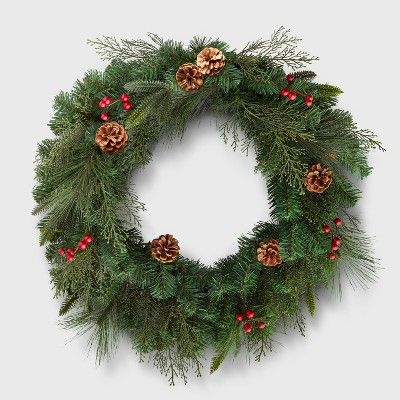 28in Unlit Mixed Greenery with Red Berry and Pinecones Artificial Wreath - Wondershop&#8482; | Target