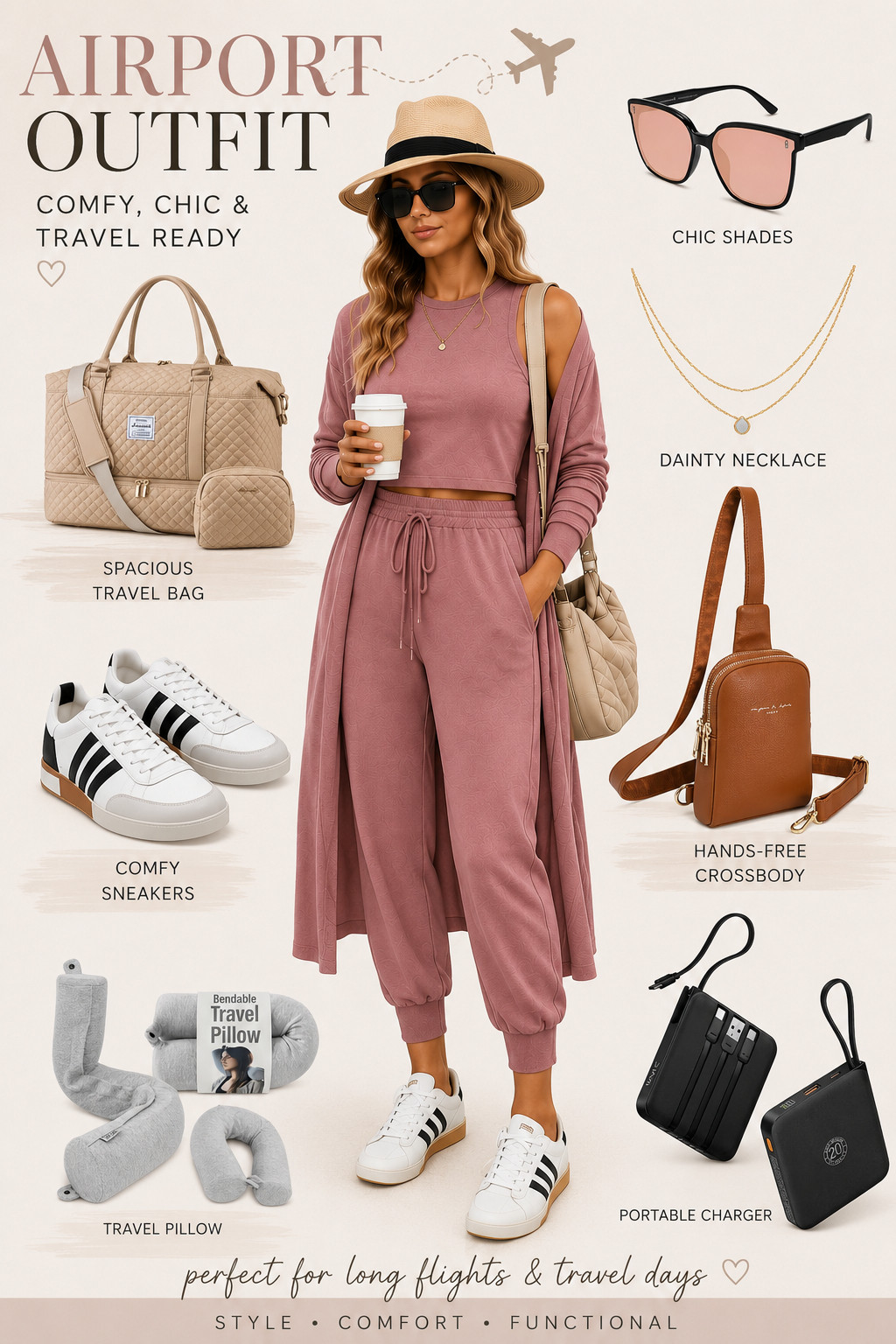 ✈️ My go-to airport outfit for every flight! This matching lounge set is comfortable enough for long travel days while still looking put together. I paired it with comfortable sneakers, a spacious travel bag, hands-free crossbody, chic sunglasses, and the travel essentials I never fly without. Perfect for airport outfits, travel days, vacations, long flights, and weekend getaways. 🤍 

 #LTKgrwm #LTKootd