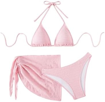 SHENHE Women's 3 Piece Textured High Cut Halter Triangle Bikini Swimsuit with Cover Up | Amazon (US)