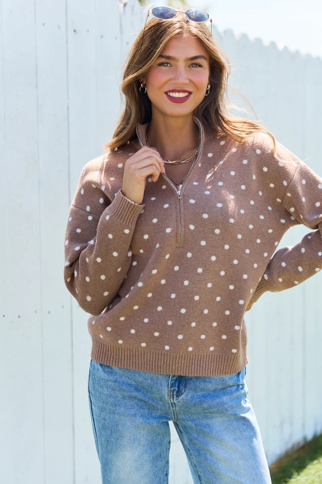 Make It Count Polka Dot Quarter Zip Pullover Brown | Pink Lily