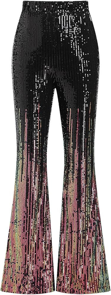 ODIZLI Womens Bell Bottom Sparkle Sequin Flare Pants Elastic High Waisted Bling Glitter Dance Pan... | Amazon (US)