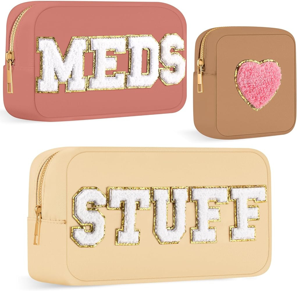 3 Pcs Preppy Makeup Bag Chenille Letter Nylon Cosmetic Bags Travel Varsity Letter Skin Stuff Bag ... | Amazon (US)
