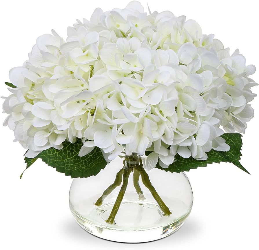 Hollyone Hydrangea Artificial Flowers with Vase White Silk Fake Flowers Arrangements in Glass Vas... | Amazon (US)