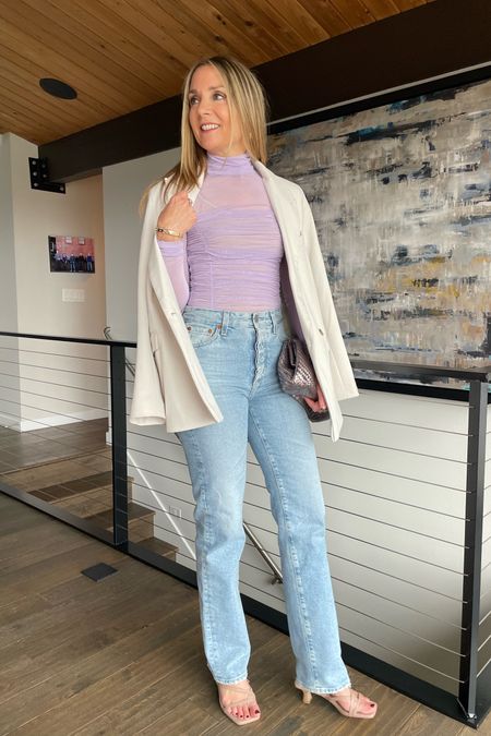 Pastel sheer top with off white blazer and straight leg jeans. Low heel strappy sandal. Workwear, office outfit, date night, spring outfit 

#LTKworkwear #LTKunder50 #LTKunder100