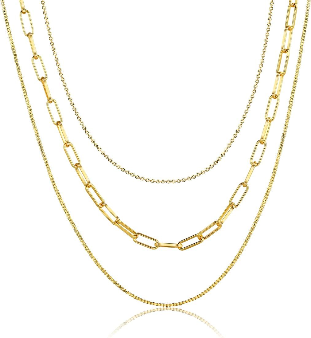 Tasiso 14K Gold Plated Herringbone Choker Necklaces Double Layered Snake Chain Necklace Trible Layer | Amazon (US)