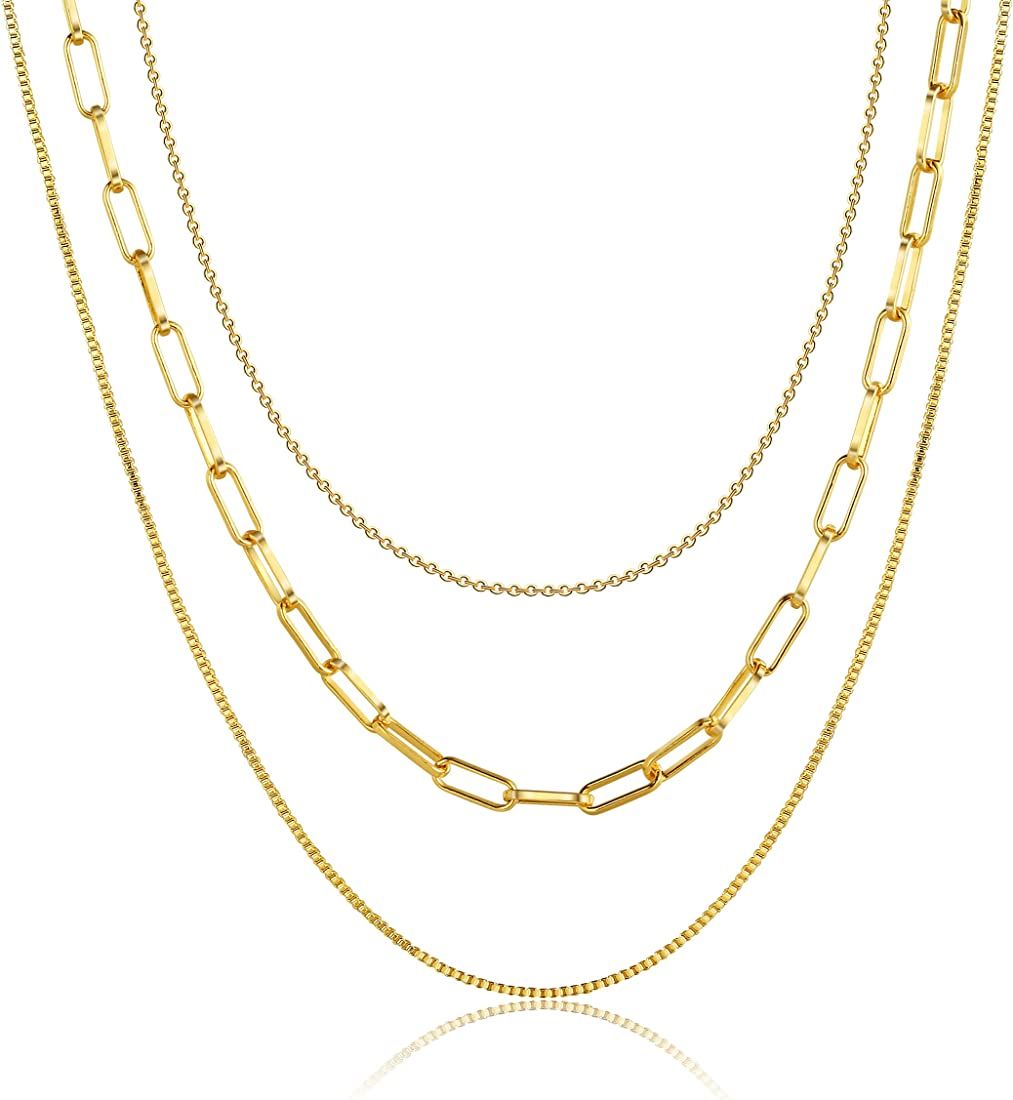 Tasiso 14K Gold Plated Herringbone Choker Necklaces Double Layered Snake Chain Necklace Trible Layer | Amazon (US)