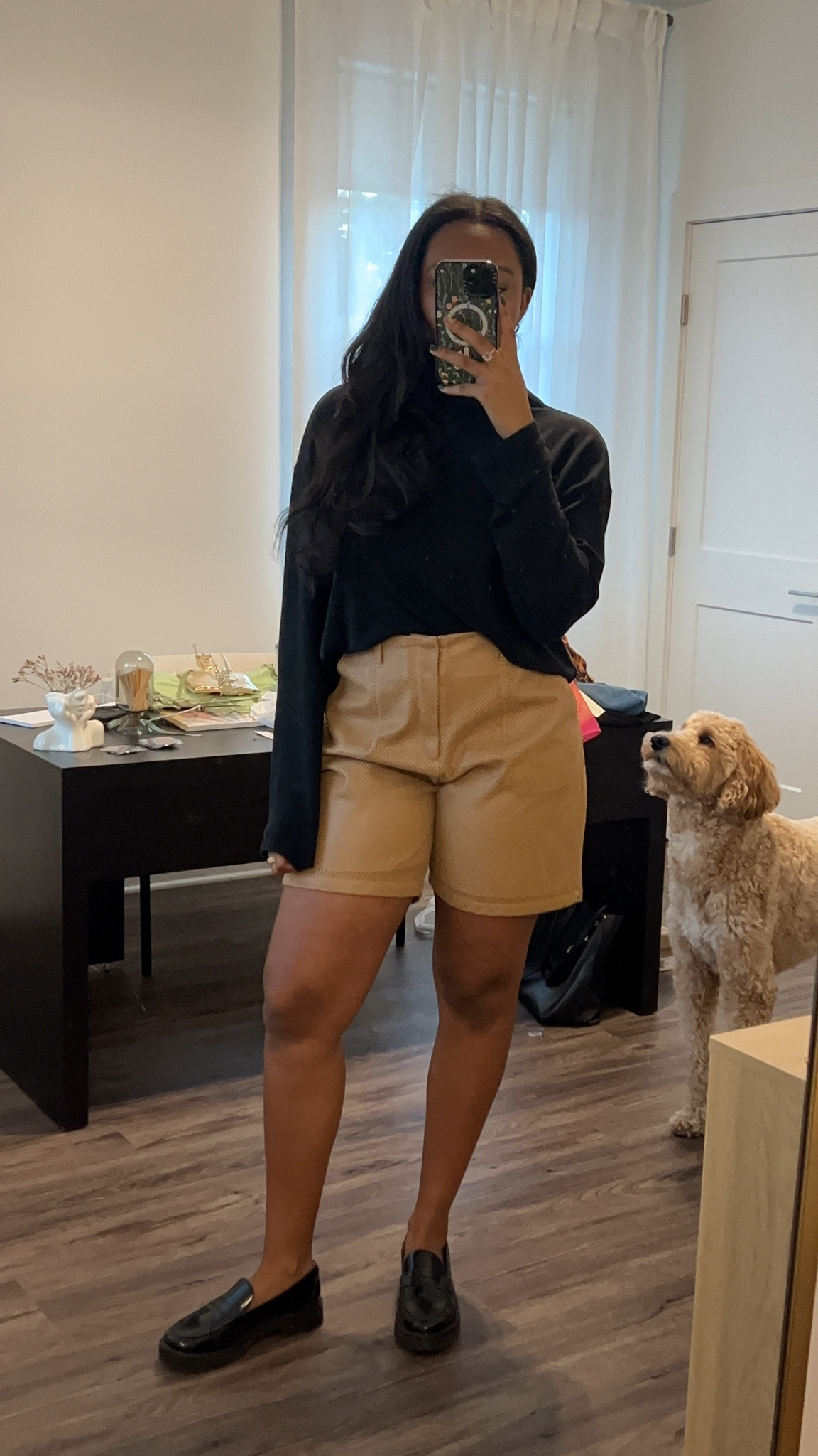 clean classy corporate outfit: black long sleeve + leather shorts + black loafers + gold jewelry 

shorts: Elaine Kim Vesta Vegan Perforated Faux Leather Shorts (linked similar)

#LTKWorkwear #LTKSeasonal #LTKStyleTip