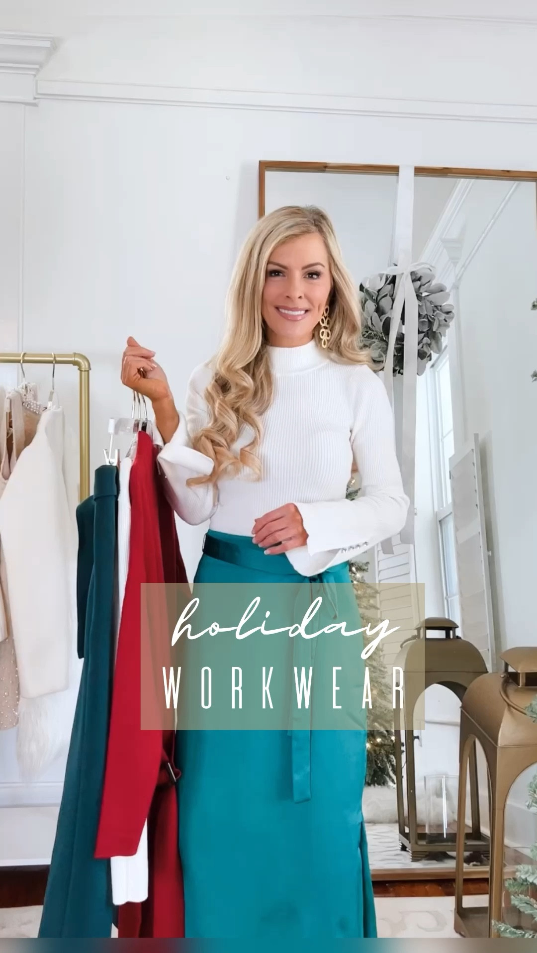 Holiday workwear 

Emerald green tie waist skirt : 00 petite 
Crystal embellished button sweater : xxs

Plum tie neck top : xxs
Plum flare leg pants : 00 petite

Red belted sweater dress : 00 petite 

Emerald green tie waist pants : 00 petite 
Square neck bodysuit : xs

Crystal Embellished heels : sized down due to larger back strap 

#LTKHoliday #LTKCyberWeek #LTKSeasonal