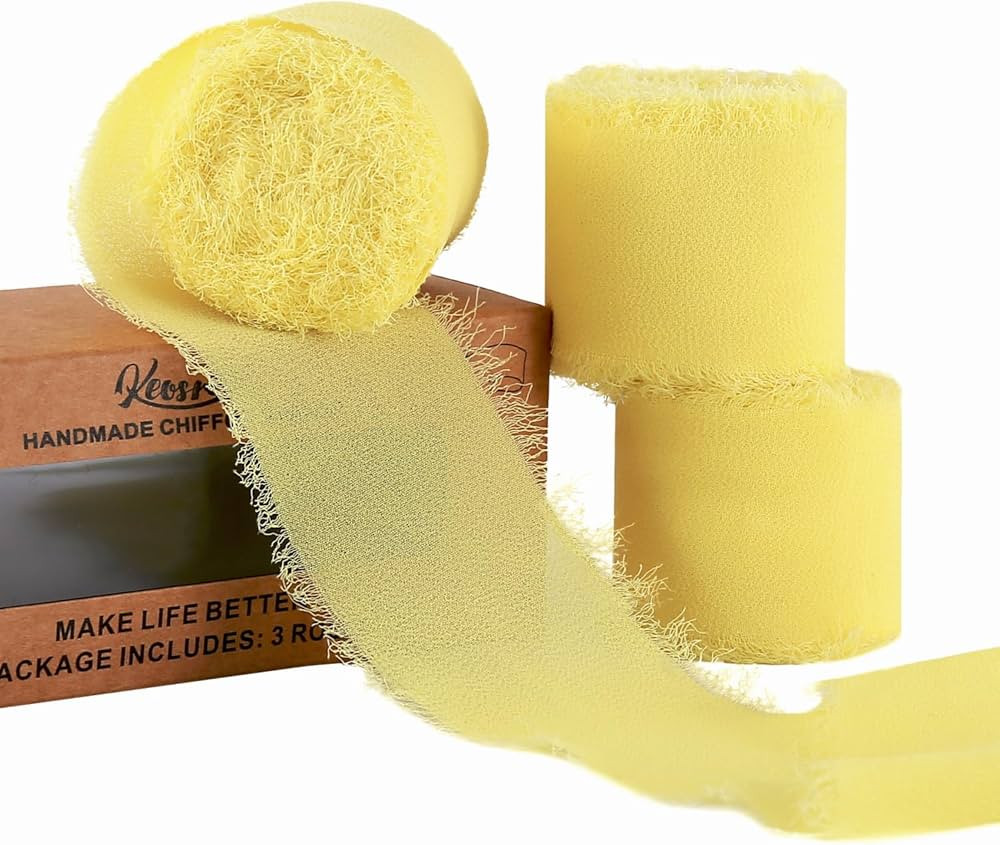 3 Rolls Cream Yellow Handmade Chiffon Ribbon,1.5" x 21Yd Frayed Fringe Silk Ribbons (3 Rolls *7Yd... | Amazon (US)