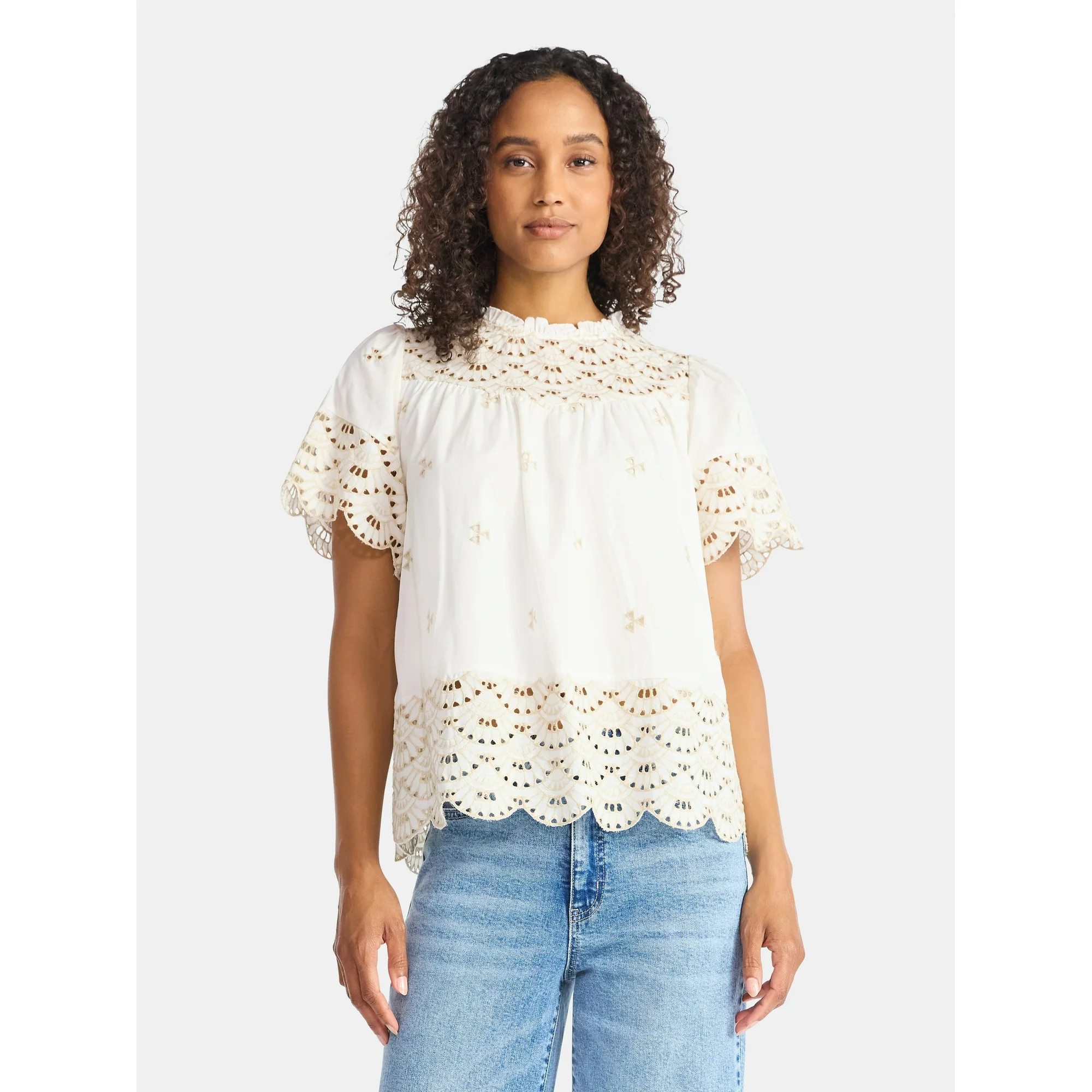 Time and Tru Women's Cotton Eyelet Top with Short Sleeves, Sizes XS-XXXL | Walmart (US)