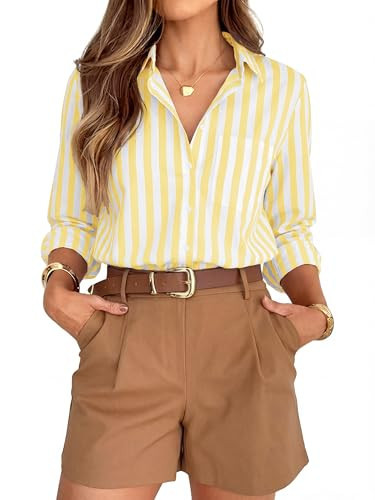 BBIBBI Yellow Blouses for Women Button Down Shirts Striped Ladies Fashion Outfits Wrinkle Free Vertical Long Sleeve Lemon Yellow Size M | Amazon (US)
