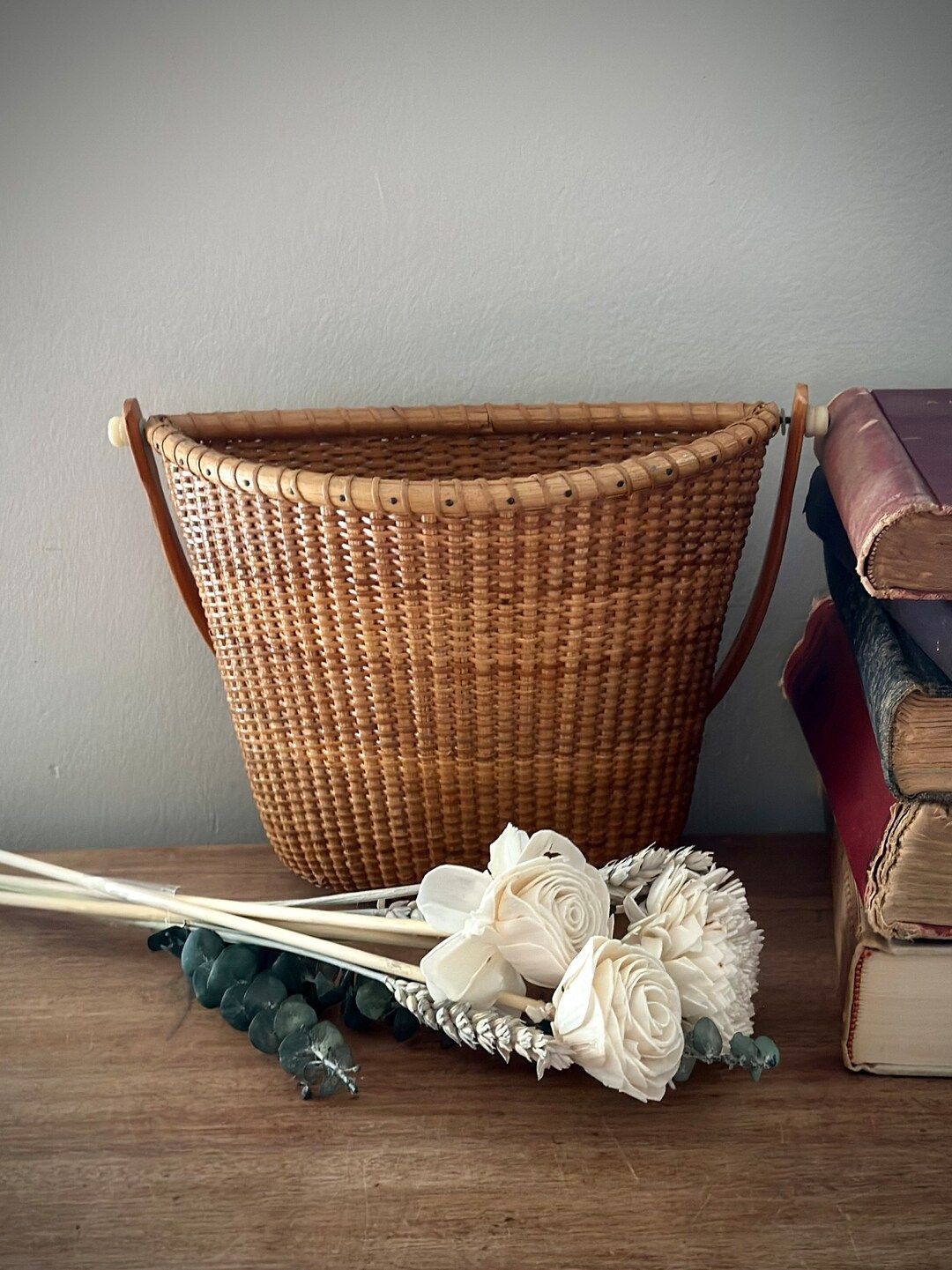 Vintage Woven Basket with Wooden Handle | Etsy (US)