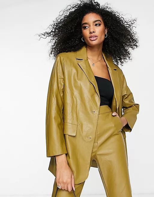 ASOS DESIGN leather look suit blazer in green | ASOS | ASOS (Global)