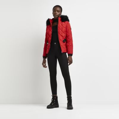 Red quilted belted puffer coat | River Island (UK & IE)