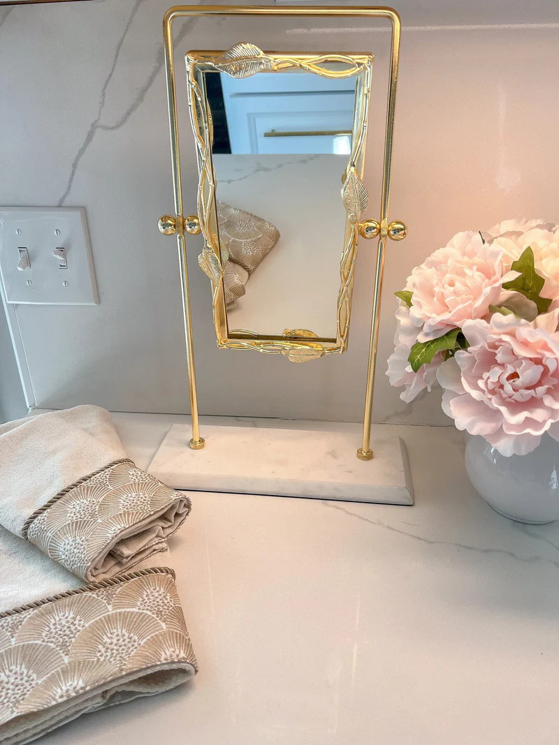 Gold Rectangle Table Mirror with Leaf Border Design and Marble Base | Inspire Me! Home Decor