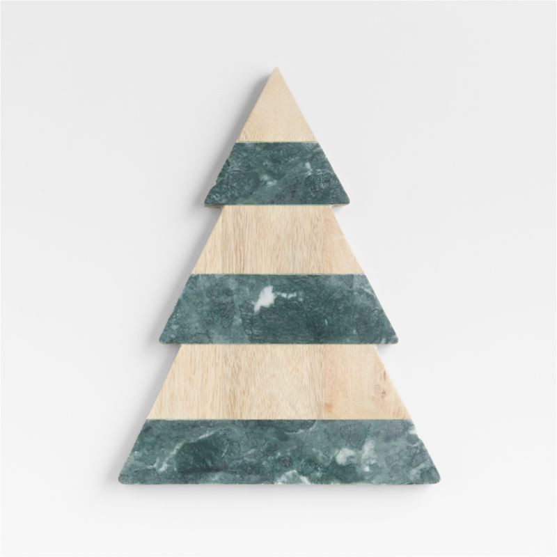 Taiga Holiday Small Wood and Green Marble Christmas Tree Serving Board Platter | Crate & Barrel | Crate & Barrel