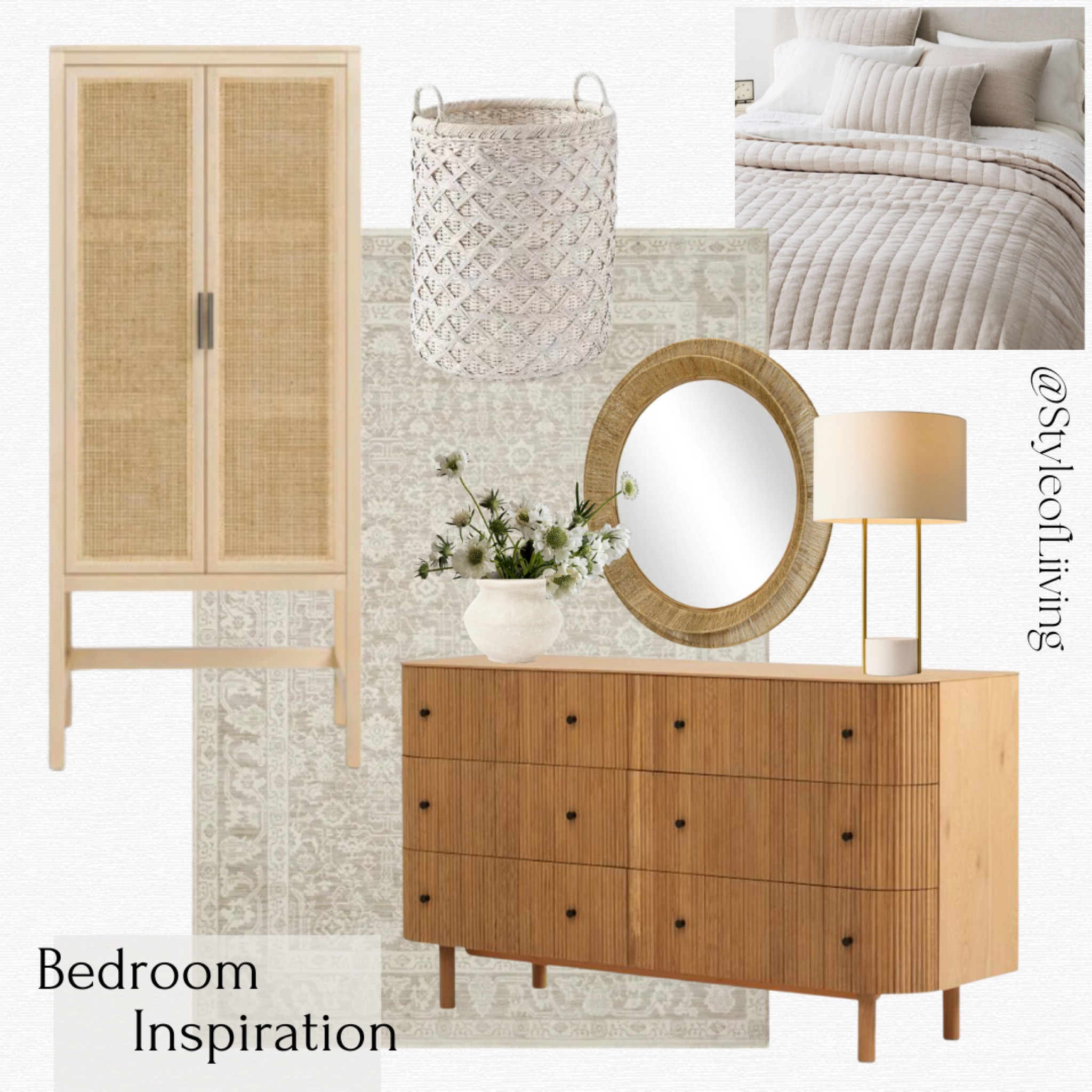 Bedroom design. Dresser, cane armoire wardrobe, hamper basket, bedding, area rug, round jute wall mirror, table lamp, planters. Home decor and furniture.

#LTKFamily #LTKHome #LTKStyleTip