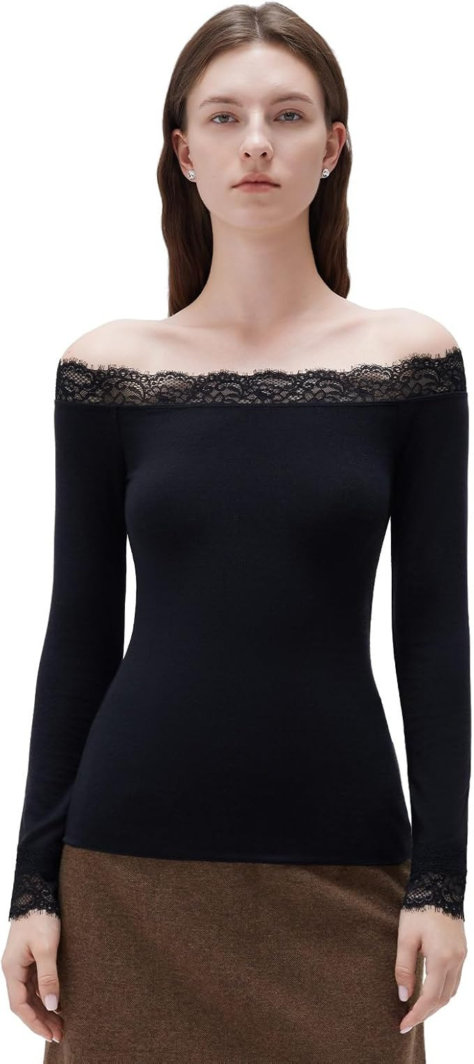 SUUKSESS Cloud Cashmere Women Lace Off Shoulder Long Sleeve Shirt Basic Knit Top | Amazon (US)