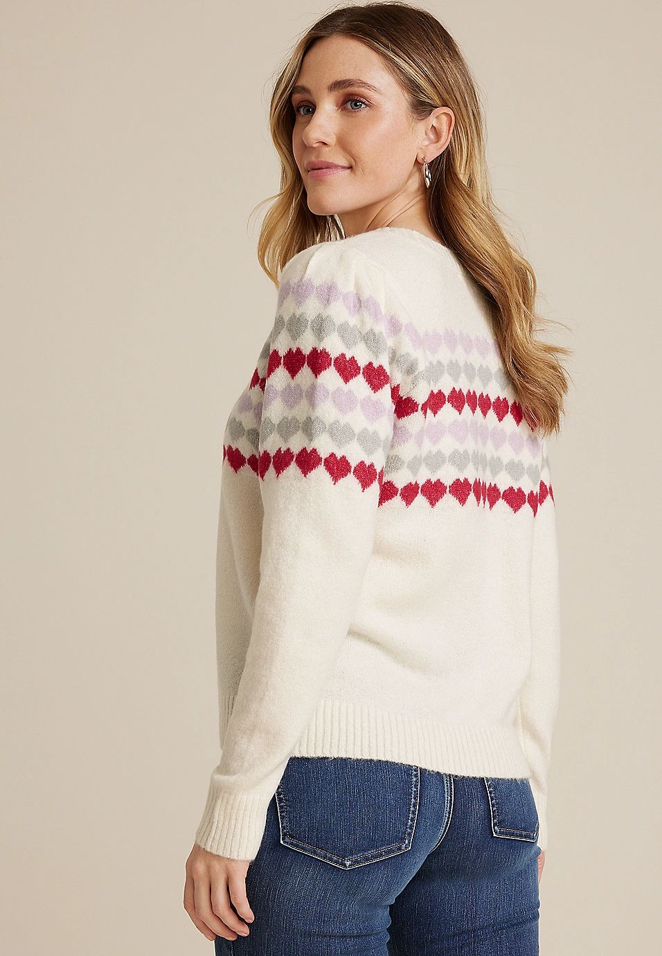 Heart Puff Sleeve Crew Neck Sweater | Maurices