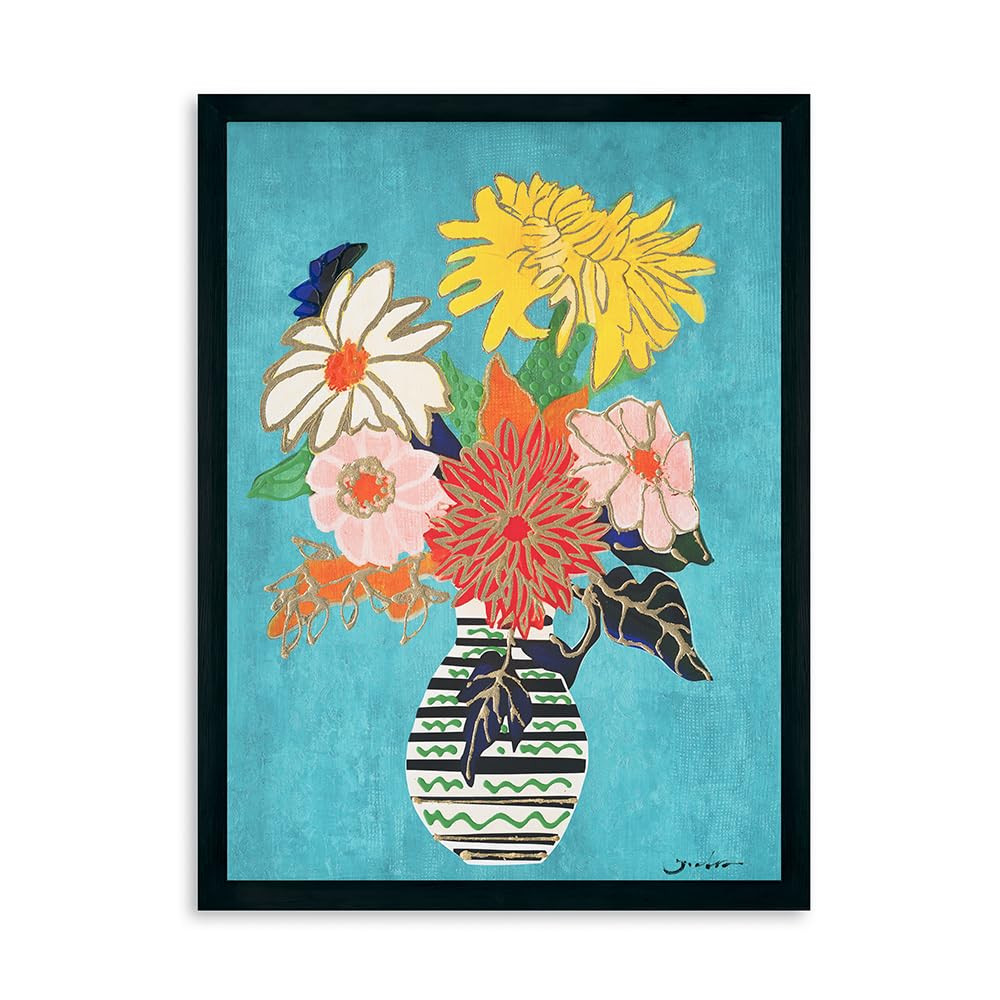 Yidepot Teal Gold Flowers Wall Decor - Vase Flower Boho Blue Floral Art Prints Fake Black Frame C... | Amazon (US)