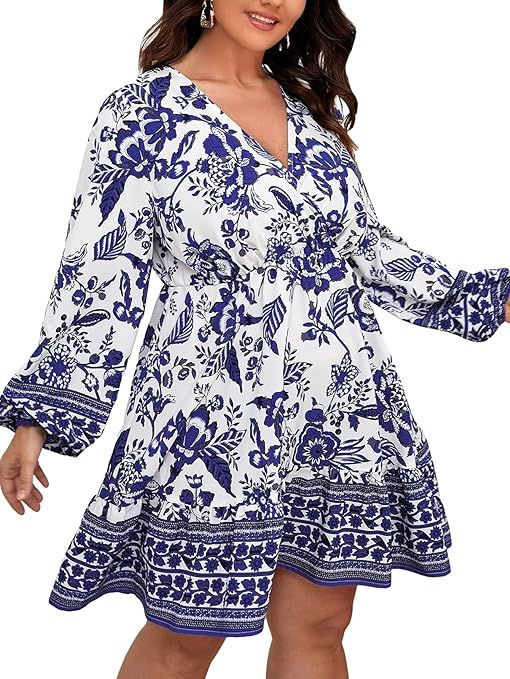 MakeMeChic Women's Plus Size Floral Lantern Sleeve Wrap V Neck Ruffle Hem Flared Short Dress | Amazon (US)