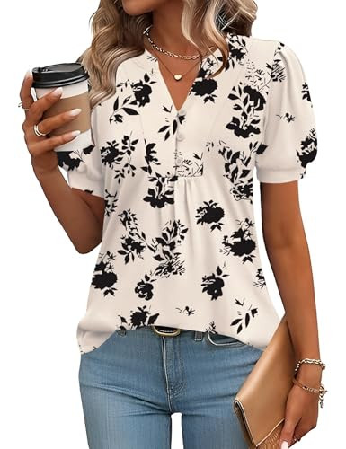 IECCP Short Sleeve Shirts for Women Business Casual Tops 2025 Summer Dressy Ladies Puff Sleeve Tunic Top Work Basic Tees (Apricot Black Floral,M) | Amazon (US)