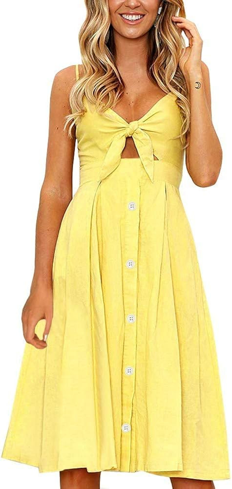 FANCYINN Womens Floral Prints Tie Front Button Down Spaghetti Strap Midi Dress | Amazon (US)