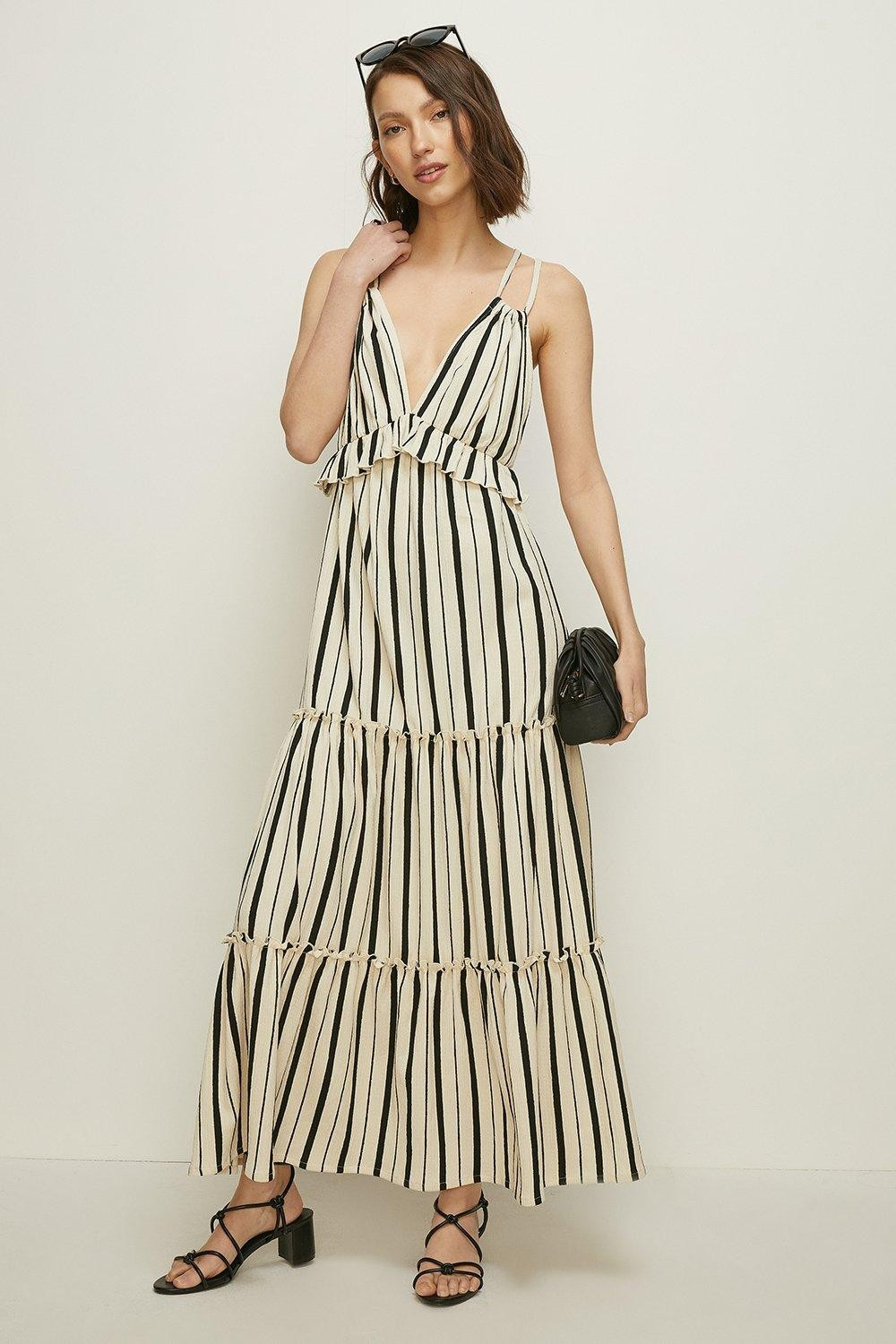 Textured Stripe V Neck Strappy Midi Dress | Oasis UK & IE 