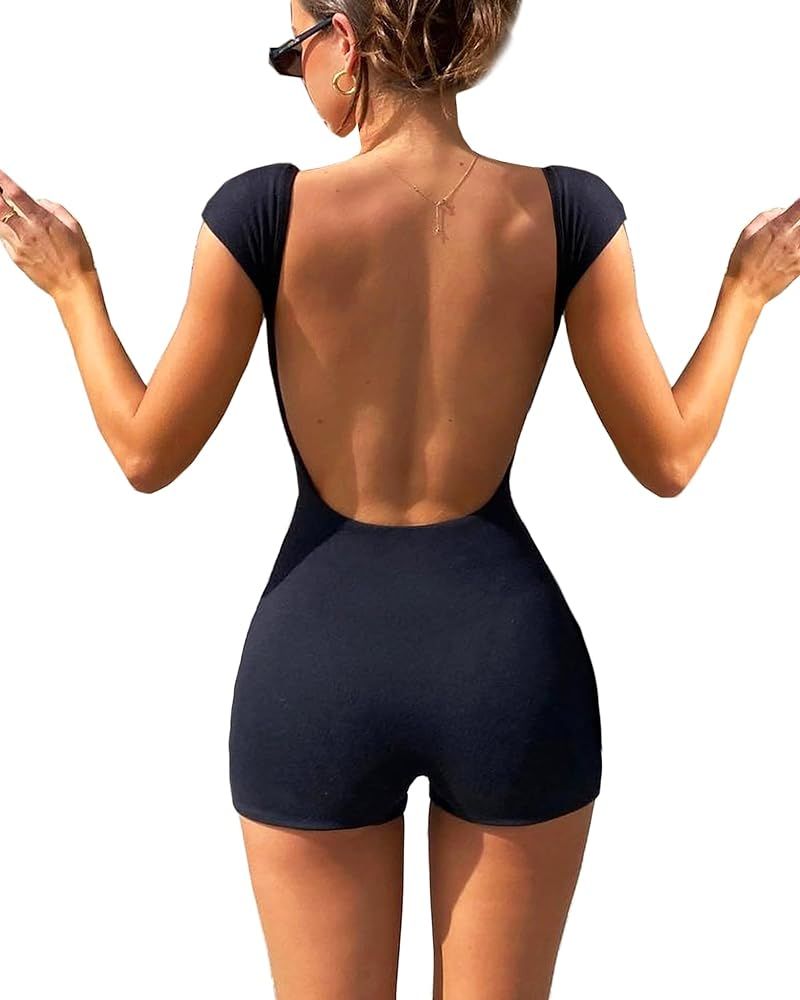 Women Gym Jumpsuits Backless Workout Romper Shorts Bodysuit Built in Bra Onesie Yoga One Piece Wo... | Amazon (US)