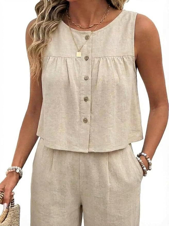IDEALSANXUN Womens Crewneck Button Down Linen Tank Tops Spring Summer Sleeveless Shirts Blouse | Amazon (US)