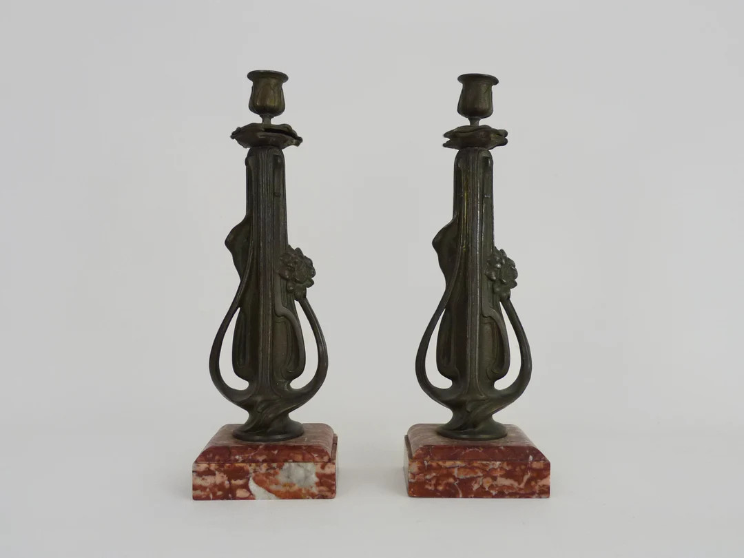 Pair of old candlesticks in spelter and marble. Art Nouveau period | Etsy (US)