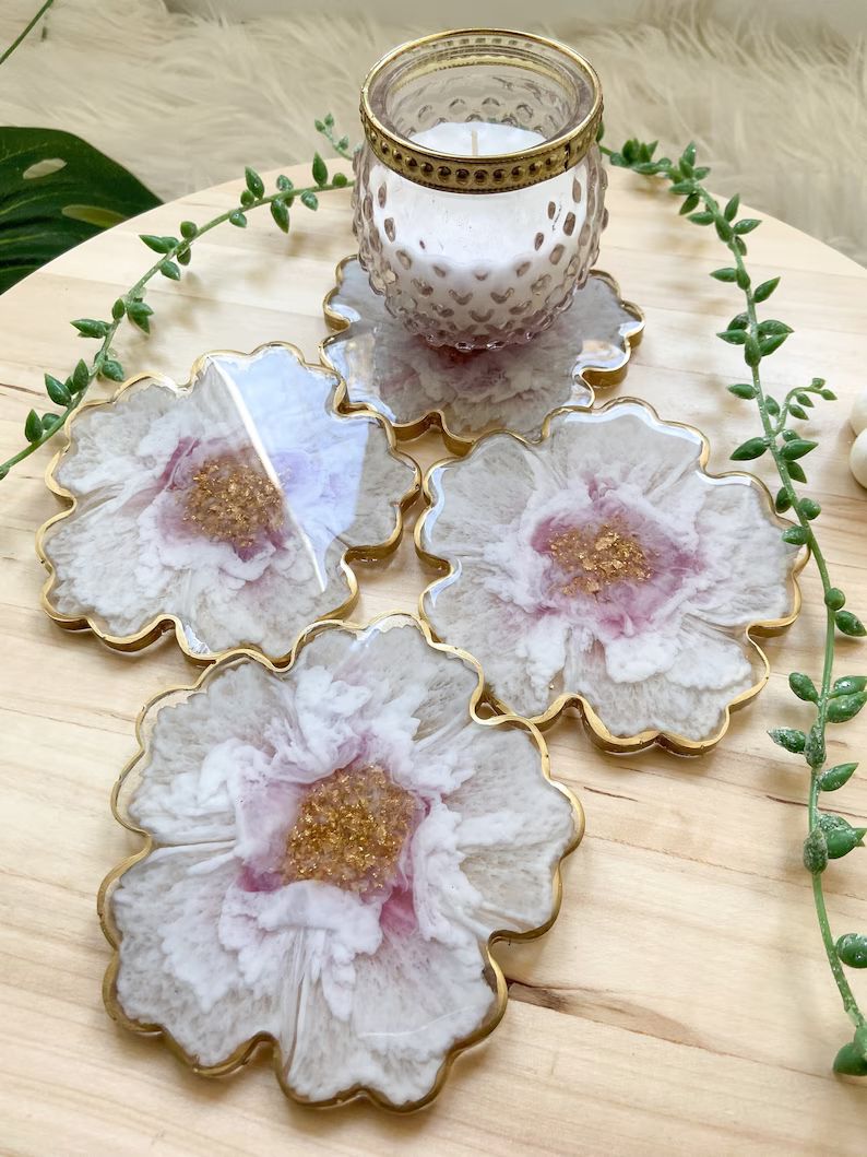 White & Purple 3D Flower Resin Coaster Set of 4 Handmade Home Decor Gift Ideas for Her Handmade G... | Etsy (US)