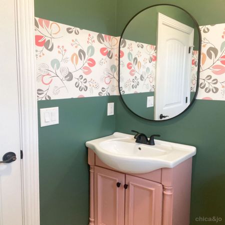 This floral wallpaper helped bring some whimsy to Chica’s 1/2 bath! We pulled the wall color and cabinet color from the design. Less than a day and she had a whole new bathroom look! It was a super easy bathroom make-over on a budget of less than $300!

#LTKhome