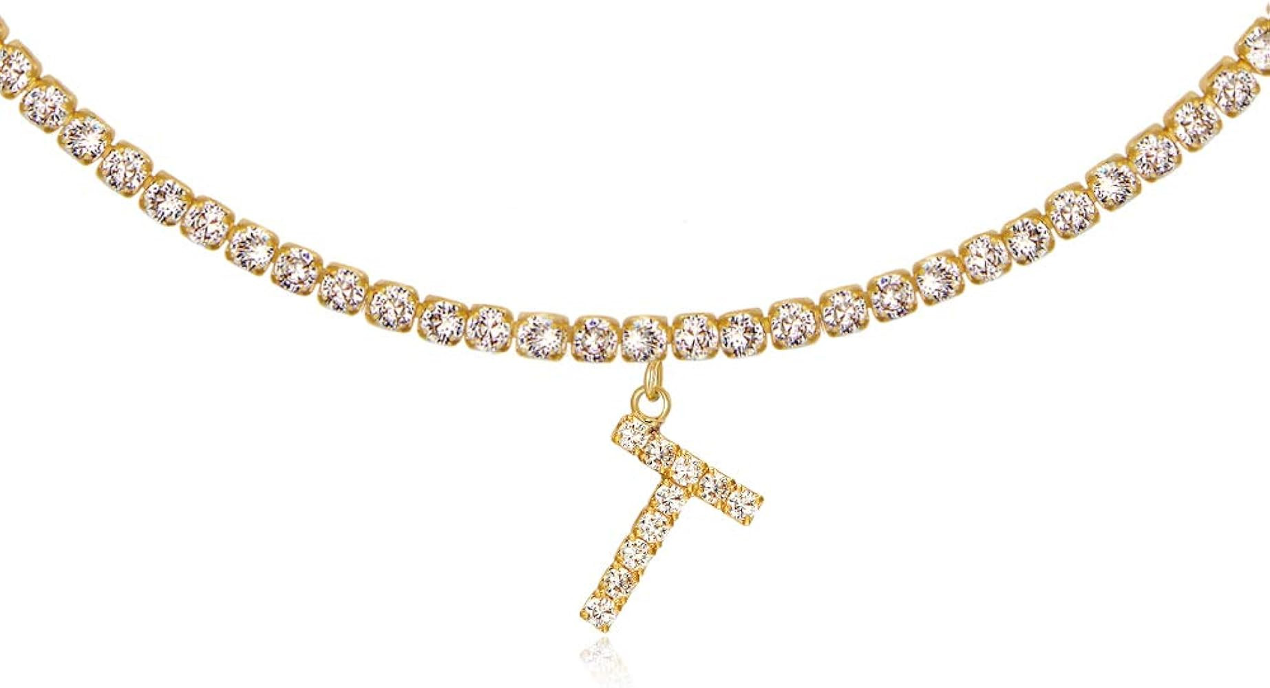 Letter Necklace 14k Gold Plated Tennis Chain Initial Choker Bling Iced CZ Diamond Necklace for Wo... | Amazon (US)