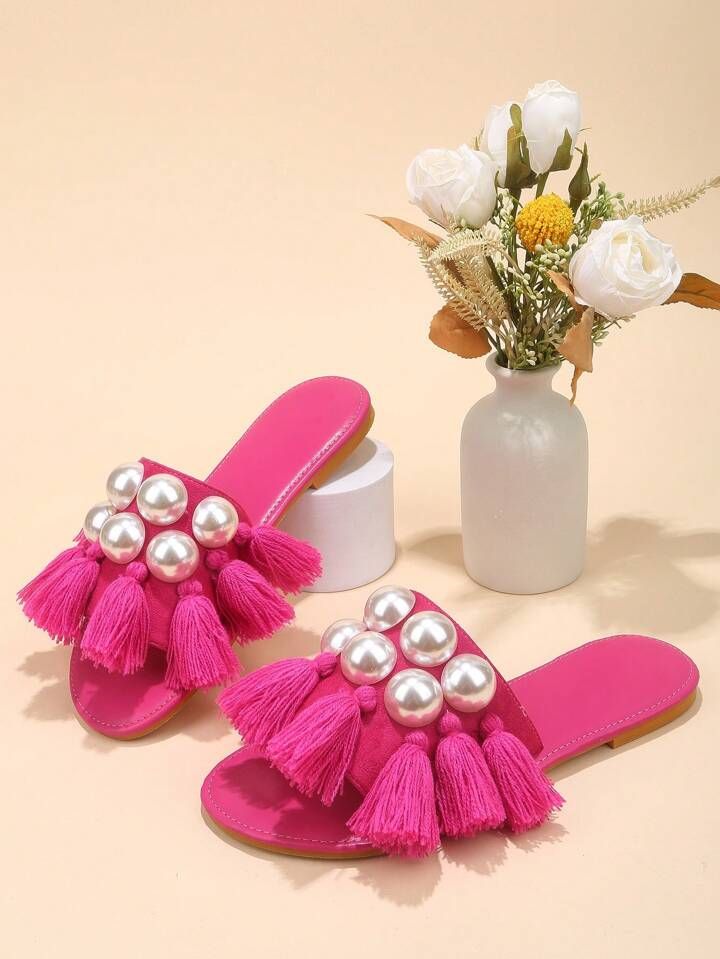 Fashionable Slide Sandals For Women, Faux Suede Faux Pearl & Tassel Decor Single Band Flat Sandal... | SHEIN